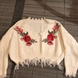 Cream king sleeve sweater crop with rose graphics